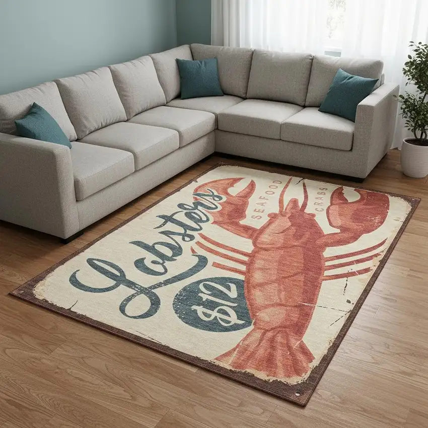 Beige Salmon And Brown Nautical Washable Area Rug With UV Protection Photo 1