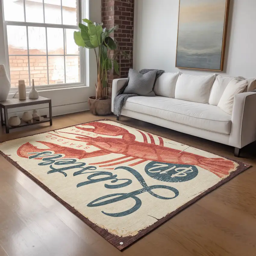 Beige Salmon And Brown Nautical Washable Area Rug With UV Protection Photo 5