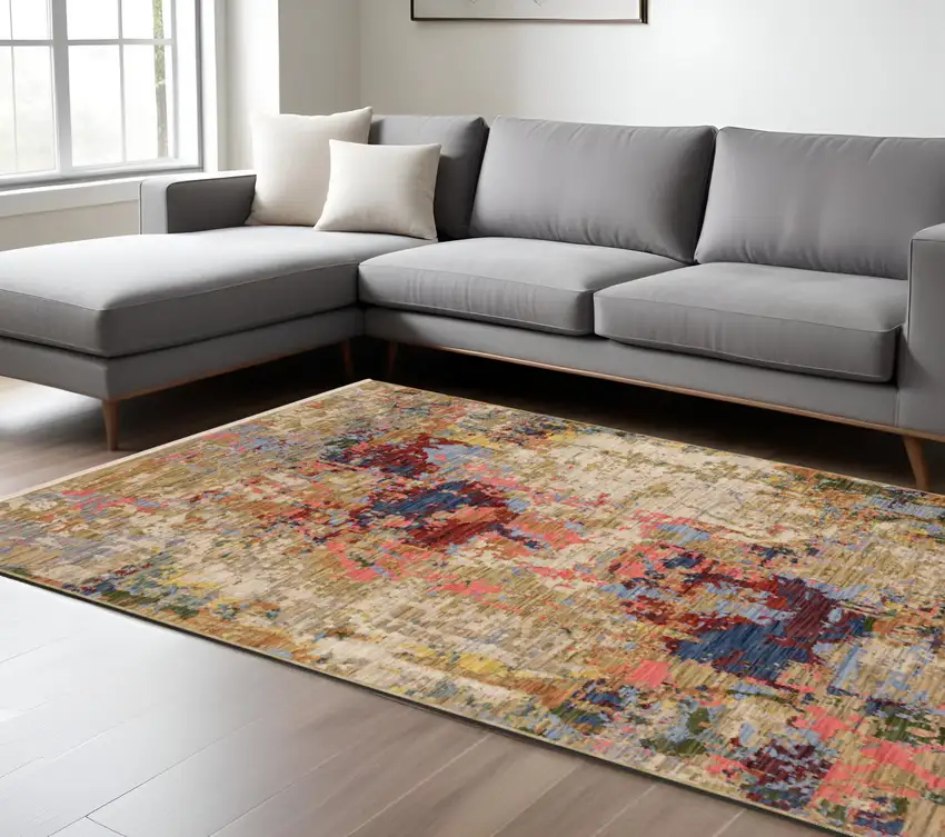 Beige Salmon And Tan Abstract Area Rug With Fringe Photo 1
