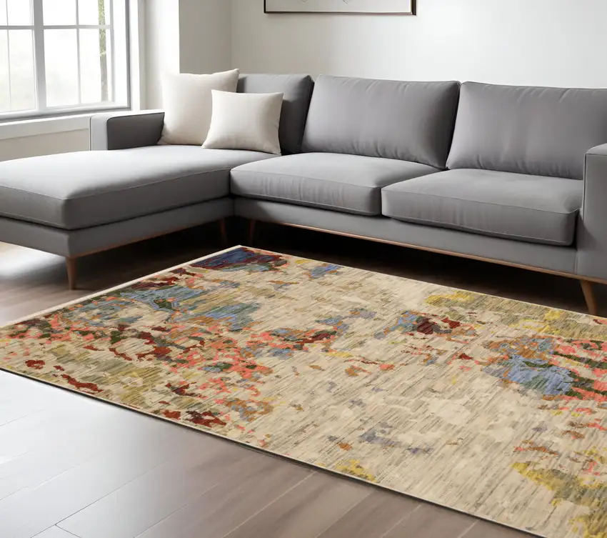 Beige Salmon And Tan Abstract Area Rug With Fringe Photo 1