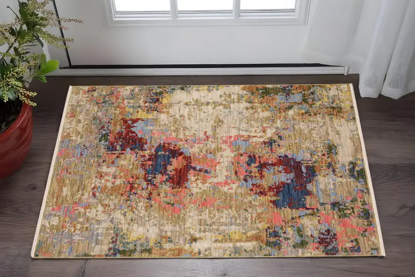 Beige Salmon And Yellow Abstract Area Rug With Fringe Photo 1