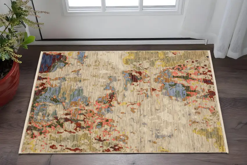 Beige Salmon And Yellow Abstract Area Rug With Fringe Photo 1