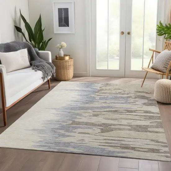 Beige Silver And Gray Abstract Washable Area Rug With UV Protection Photo 4