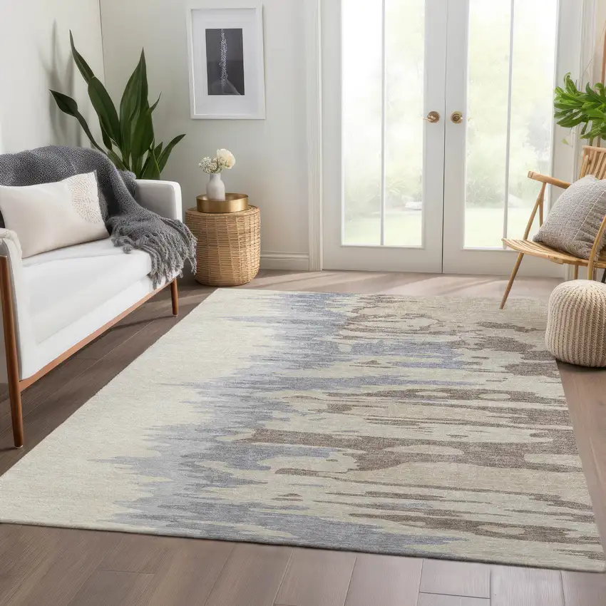 Beige Silver And Gray Abstract Washable Area Rug With UV Protection Photo 4