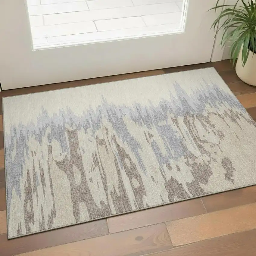 Beige Silver And Gray Abstract Washable Area Rug With UV Protection Photo 2