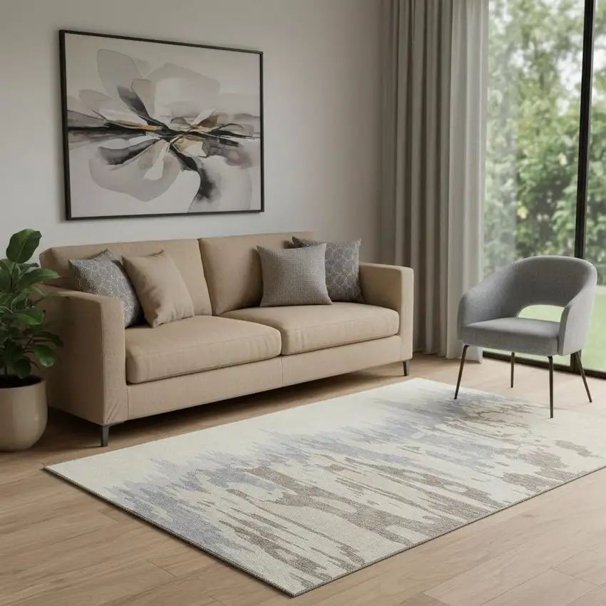 Beige Silver And Gray Abstract Washable Area Rug With UV Protection Photo 2