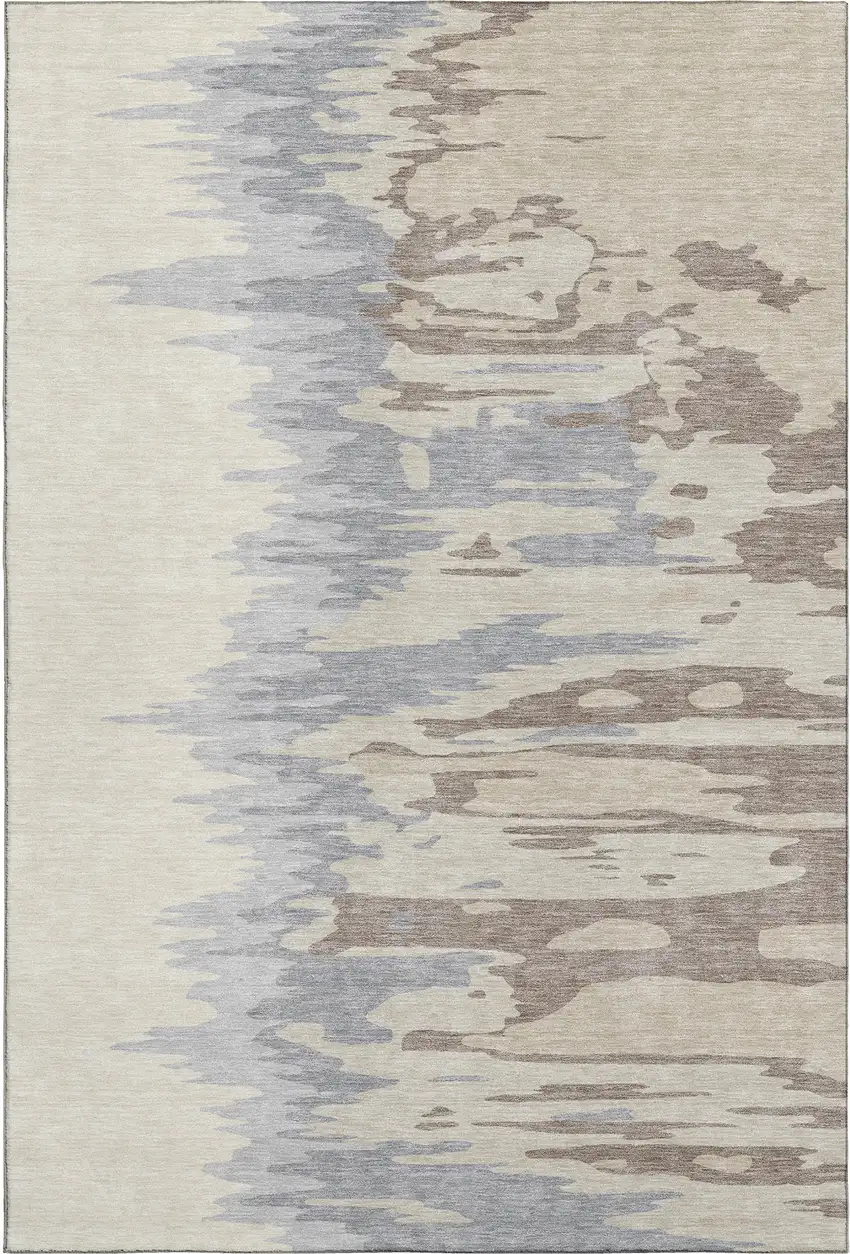 Beige Silver And Gray Abstract Washable Area Rug With UV Protection Photo 1