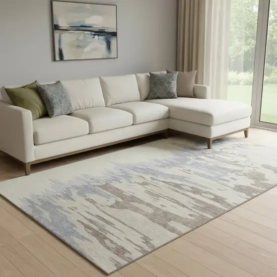 Beige Silver And Gray Abstract Washable Area Rug With UV Protection Photo 2