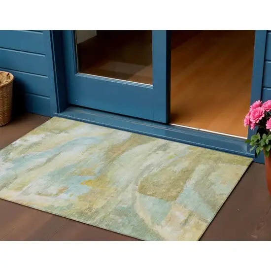 Beige Sky Blue And Ivory Abstract Washable Indoor Outdoor Area Rug Photo 2
