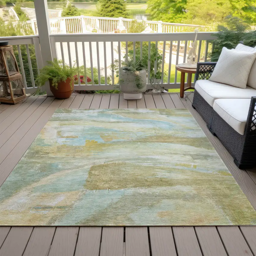 Beige Sky Blue And Ivory Abstract Washable Indoor Outdoor Area Rug Photo 8