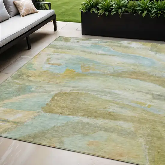 Beige Sky Blue And Ivory Abstract Washable Indoor Outdoor Area Rug Photo 2