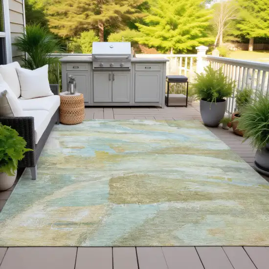 Beige Sky Blue And Ivory Abstract Washable Indoor Outdoor Area Rug Photo 6