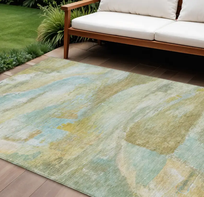 Beige Sky Blue And Ivory Abstract Washable Indoor Outdoor Area Rug Photo 2