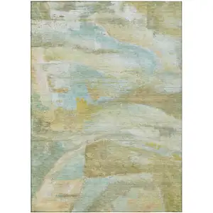 Photo of Beige Sky Blue And Ivory Abstract Washable Indoor Outdoor Area Rug