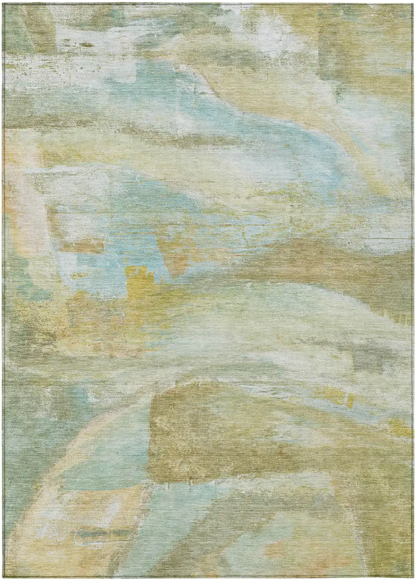 Beige Sky Blue And Ivory Abstract Washable Indoor Outdoor Area Rug Photo 1