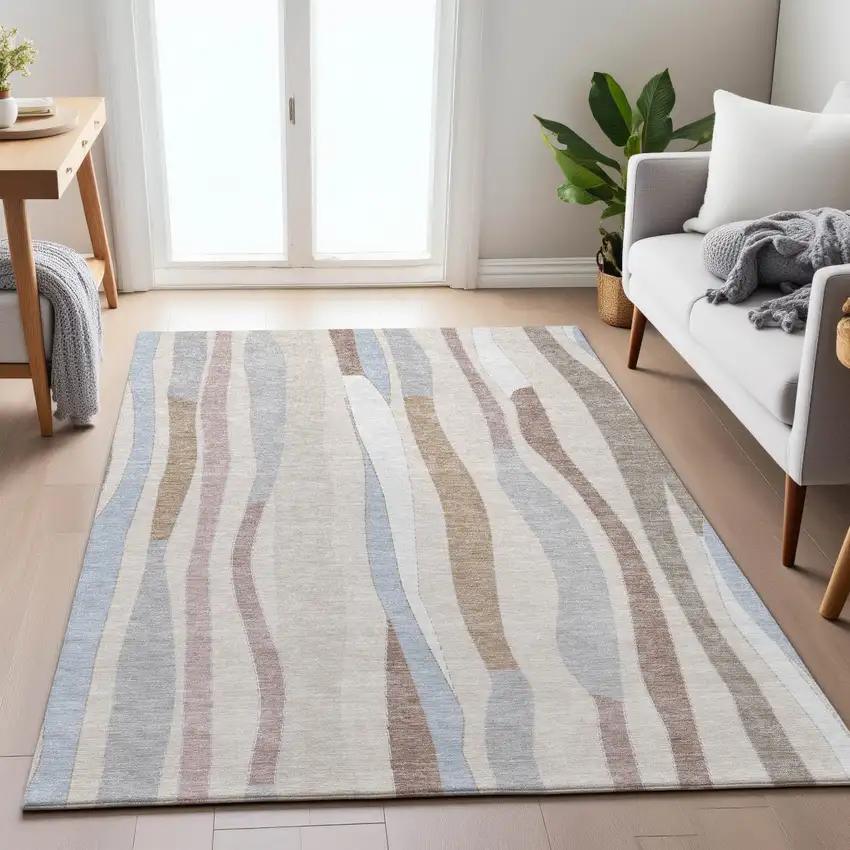 Beige Sky Blue And Taupe Striped Washable Indoor Outdoor Area Rug Photo 6