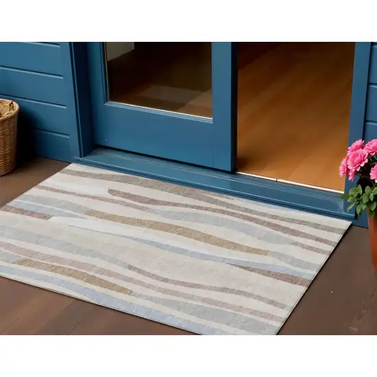 Beige Sky Blue And Taupe Striped Washable Indoor Outdoor Area Rug Photo 2