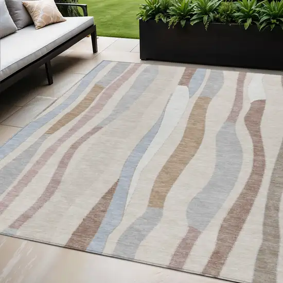 Beige Sky Blue And Taupe Striped Washable Indoor Outdoor Area Rug Photo 2