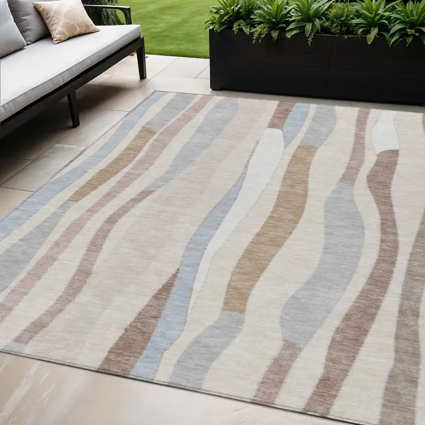 Beige Sky Blue And Taupe Striped Washable Indoor Outdoor Area Rug Photo 2