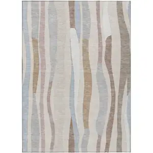 Photo of Beige Sky Blue And Taupe Striped Washable Indoor Outdoor Area Rug