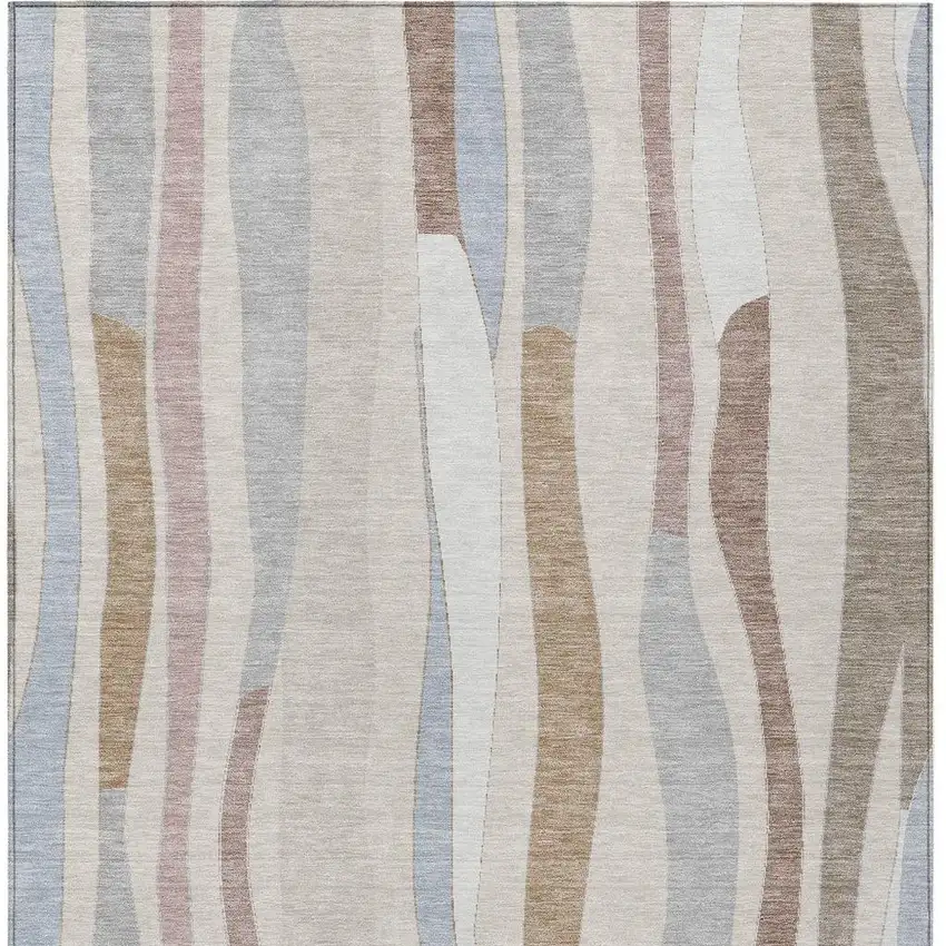 Beige Sky Blue And Taupe Striped Washable Indoor Outdoor Area Rug Photo 4