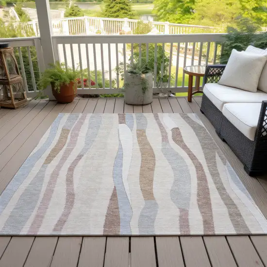 Beige Sky Blue And Taupe Striped Washable Indoor Outdoor Area Rug Photo 6
