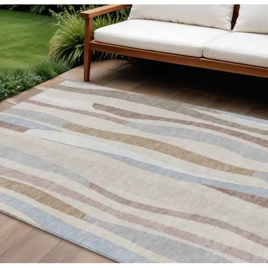 Beige Sky Blue And Taupe Striped Washable Indoor Outdoor Area Rug Photo 2