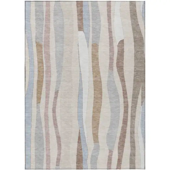 Beige Sky Blue And Taupe Striped Washable Indoor Outdoor Area Rug Photo 1