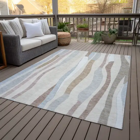 Beige Sky Blue And Taupe Striped Washable Indoor Outdoor Area Rug Photo 9