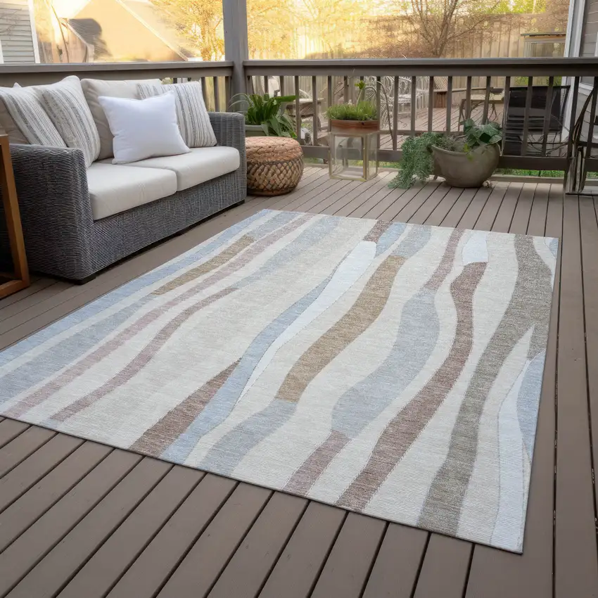 Beige Sky Blue And Taupe Striped Washable Indoor Outdoor Area Rug Photo 9
