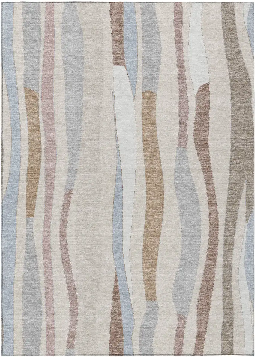 Beige Sky Blue And Taupe Striped Washable Indoor Outdoor Area Rug Photo 1