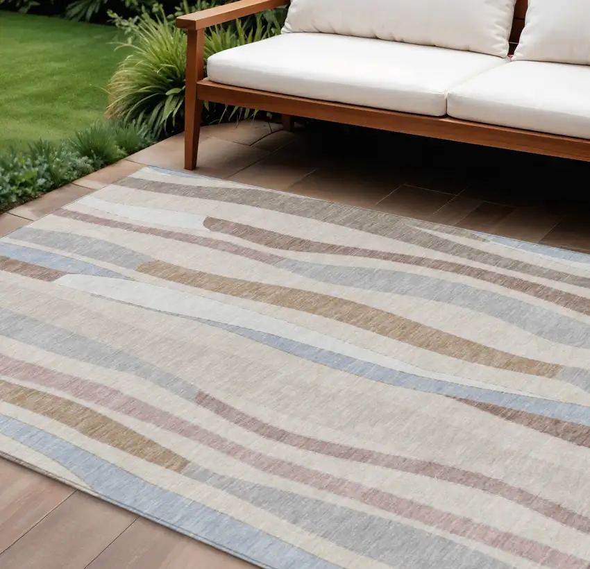 Beige Sky Blue And Taupe Striped Washable Indoor Outdoor Area Rug Photo 2