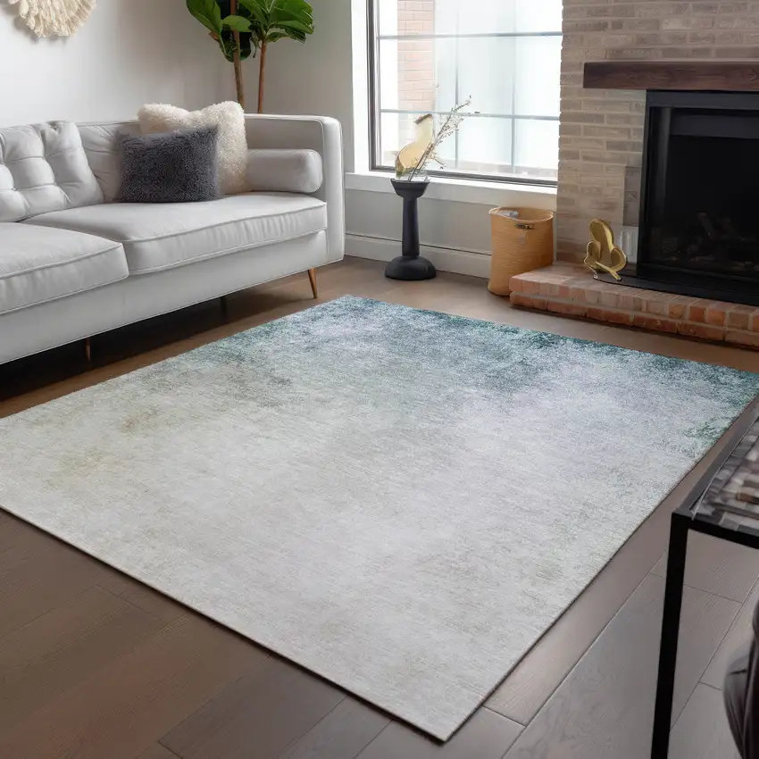 Beige Sky Blue And Teal Blue Ombre Washable Indoor Outdoor Area Rug Photo 9
