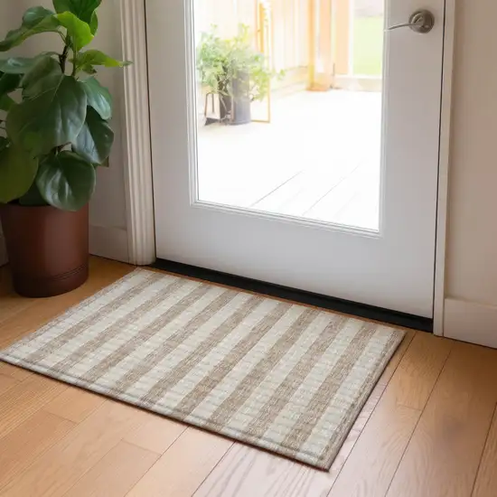 Beige Striped Washable Non Skid Indoor Outdoor Area Rug Photo 9