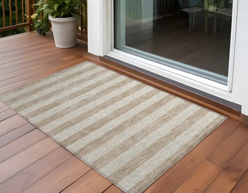 Beige Striped Washable Non Skid Indoor Outdoor Area Rug Photo 4