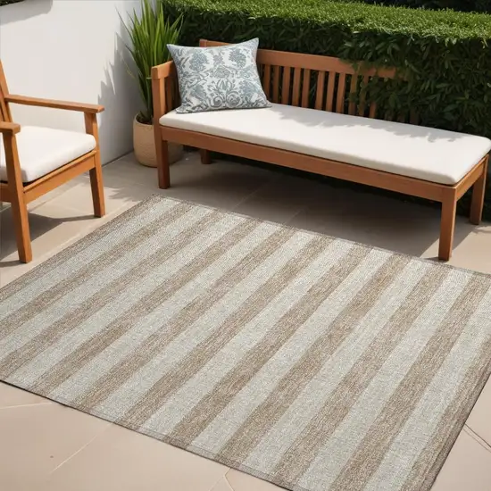 Beige Striped Washable Non Skid Indoor Outdoor Area Rug Photo 1