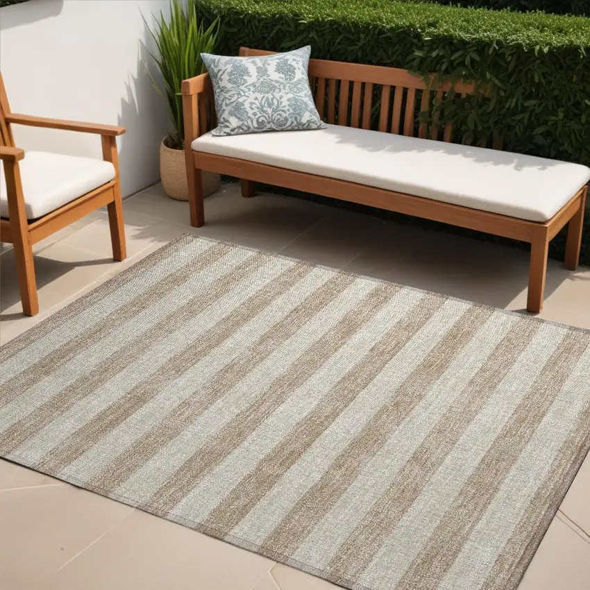 Beige Striped Washable Non Skid Indoor Outdoor Area Rug Photo 1