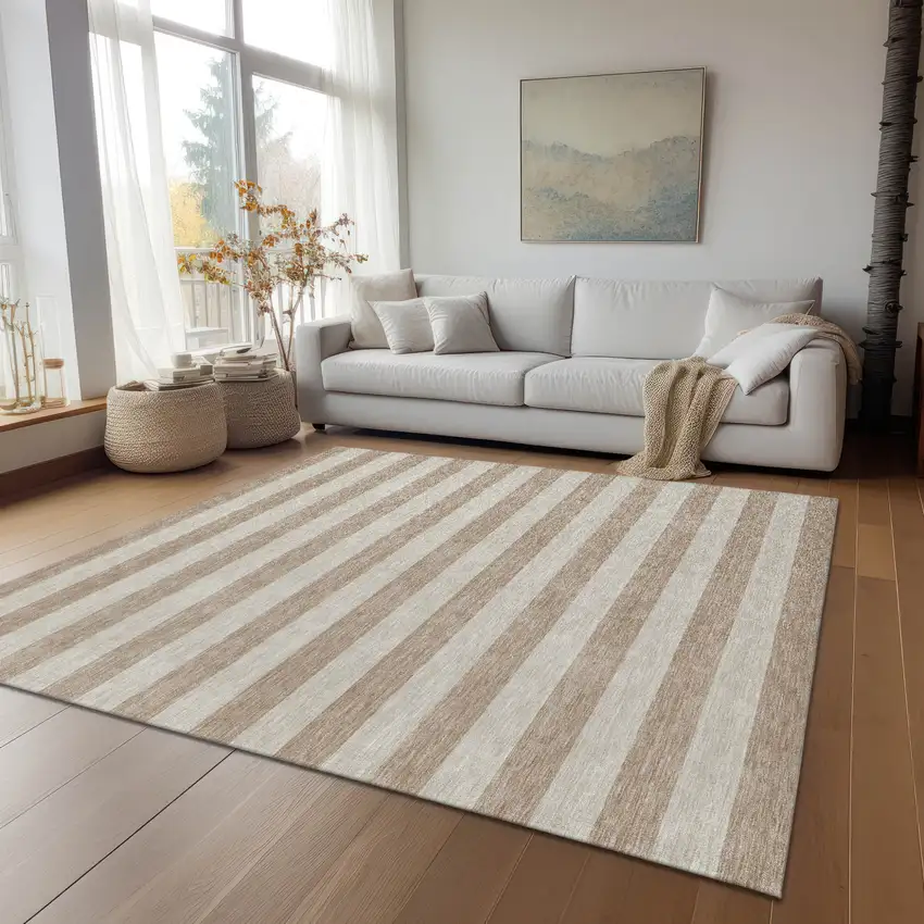 Beige Striped Washable Non Skid Indoor Outdoor Area Rug Photo 9
