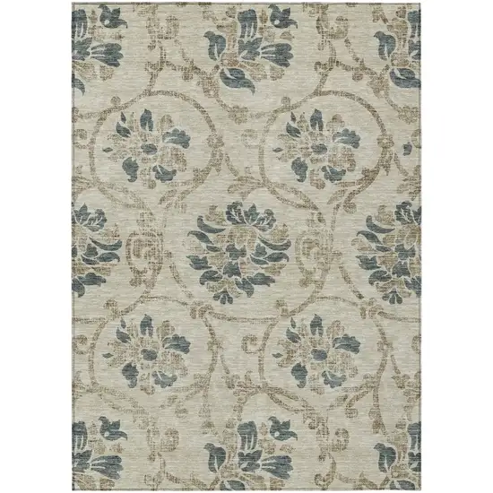 Beige Tan And Blue Floral Washable Indoor Outdoor Area Rug Photo 2