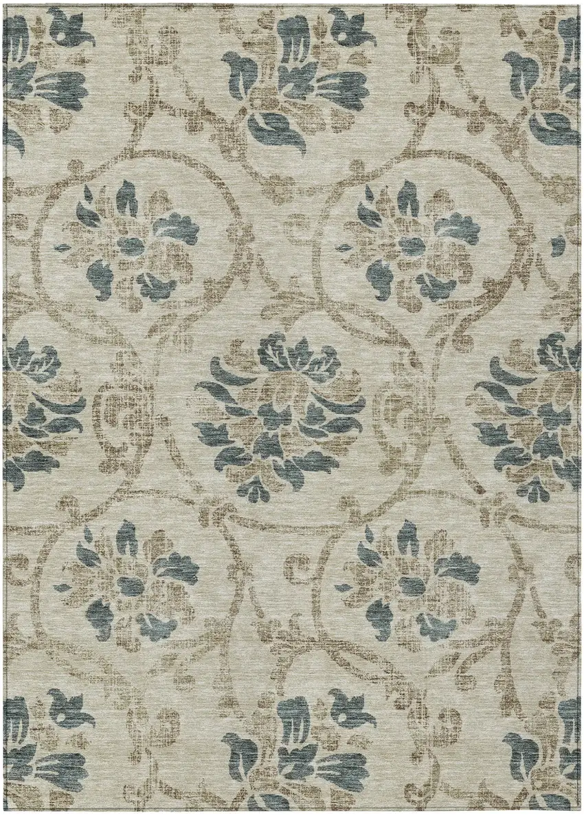 Beige Tan And Blue Floral Washable Indoor Outdoor Area Rug Photo 2
