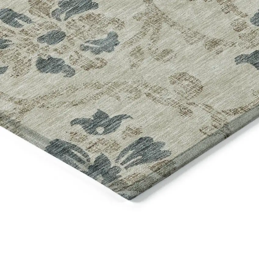 Beige Tan And Blue Floral Washable Indoor Outdoor Area Rug Photo 3
