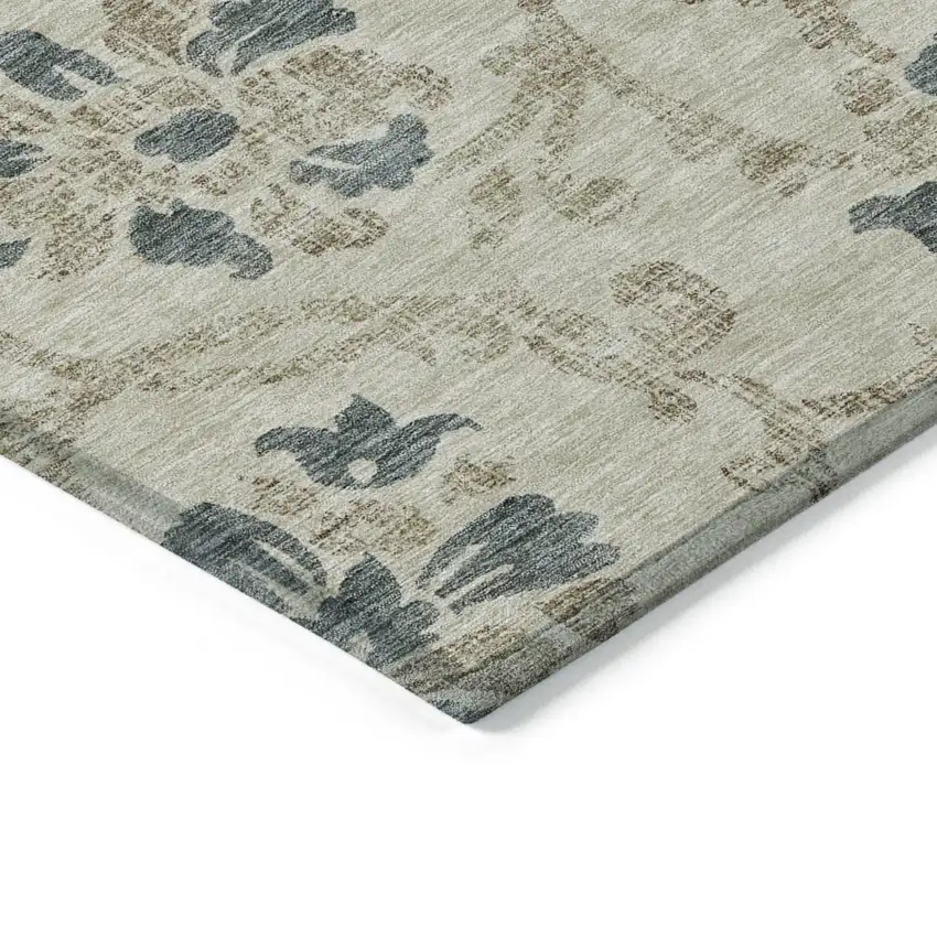 Beige Tan And Blue Floral Washable Indoor Outdoor Area Rug Photo 3