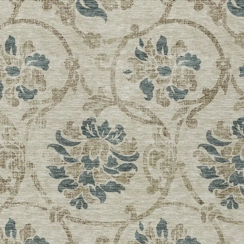 Beige Tan And Blue Floral Washable Indoor Outdoor Area Rug Photo 5