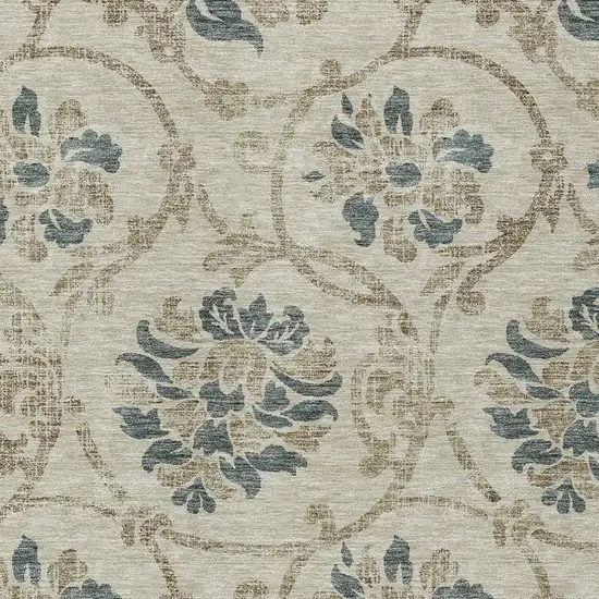 Beige Tan And Blue Floral Washable Indoor Outdoor Area Rug Photo 5