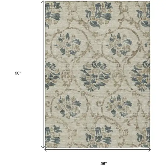 Beige Tan And Blue Floral Washable Indoor Outdoor Area Rug Photo 7