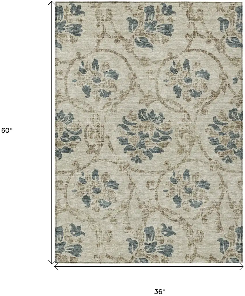 Beige Tan And Blue Floral Washable Indoor Outdoor Area Rug Photo 7