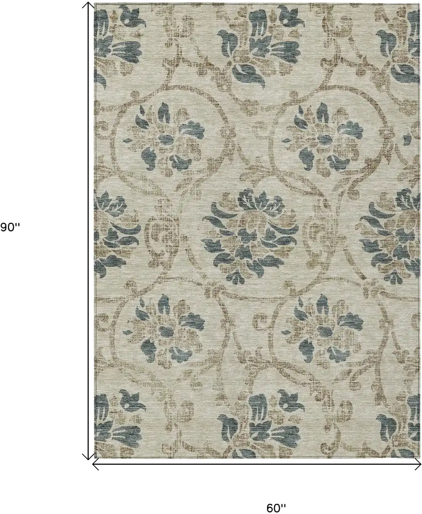 Beige Tan And Blue Floral Washable Indoor Outdoor Area Rug Photo 3