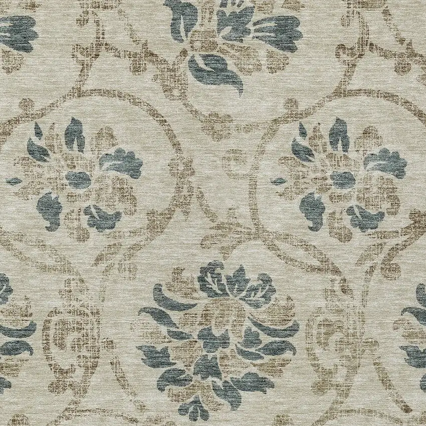 Beige Tan And Blue Floral Washable Indoor Outdoor Area Rug Photo 4