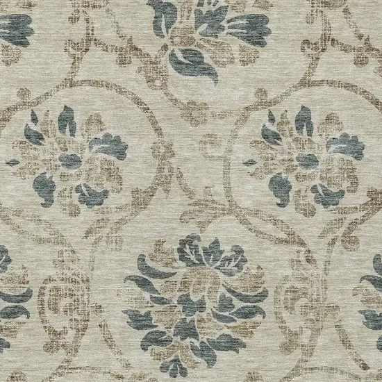 Beige Tan And Blue Floral Washable Indoor Outdoor Area Rug Photo 4
