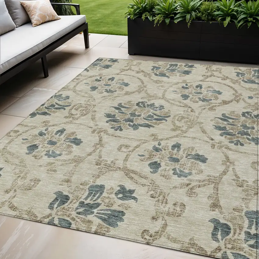 Beige Tan And Blue Floral Washable Indoor Outdoor Area Rug Photo 1
